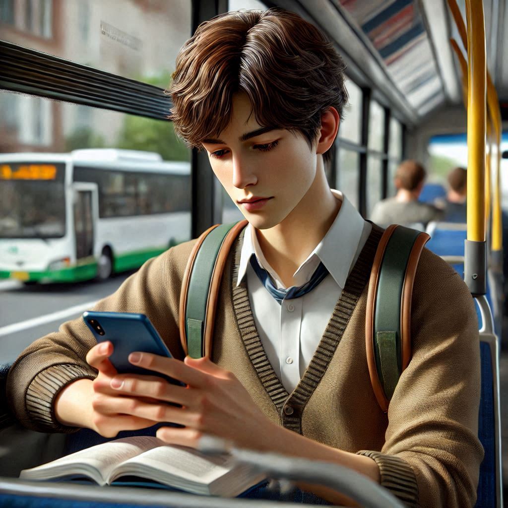 Boy study on a bus